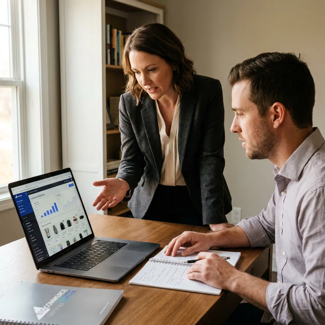 E-commerce coach guiding entrepreneur through online store dashboard