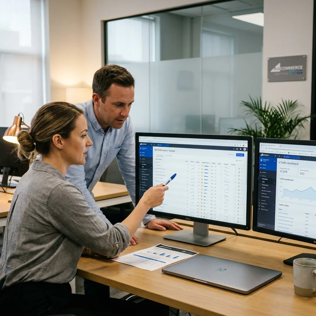 Digital marketing team reviewing SEO analytics