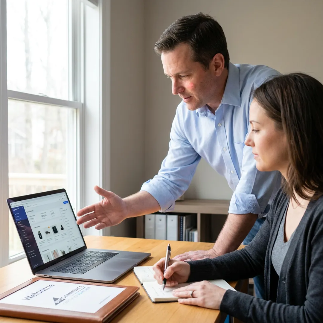 Consultant guiding an entrepreneur through e-commerce training