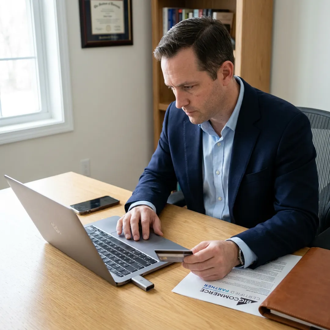 Consultant setting up secure e-commerce payment gateway