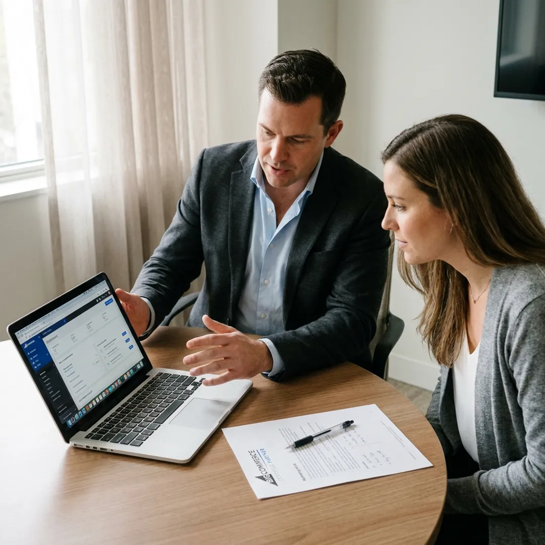 Consultant guiding entrepreneur through online store launch