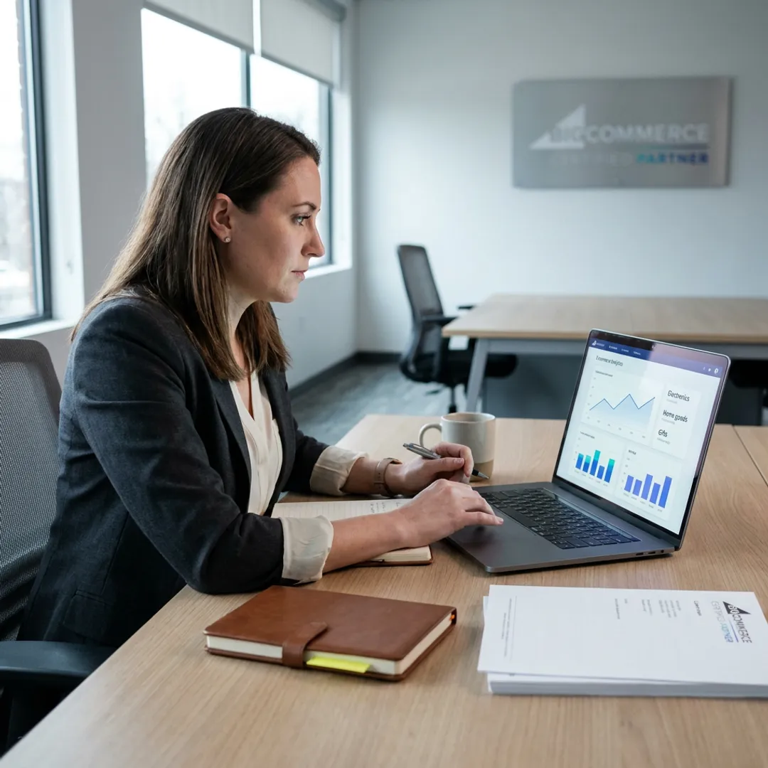 Consultant planning digital marketing campaigns on a laptop