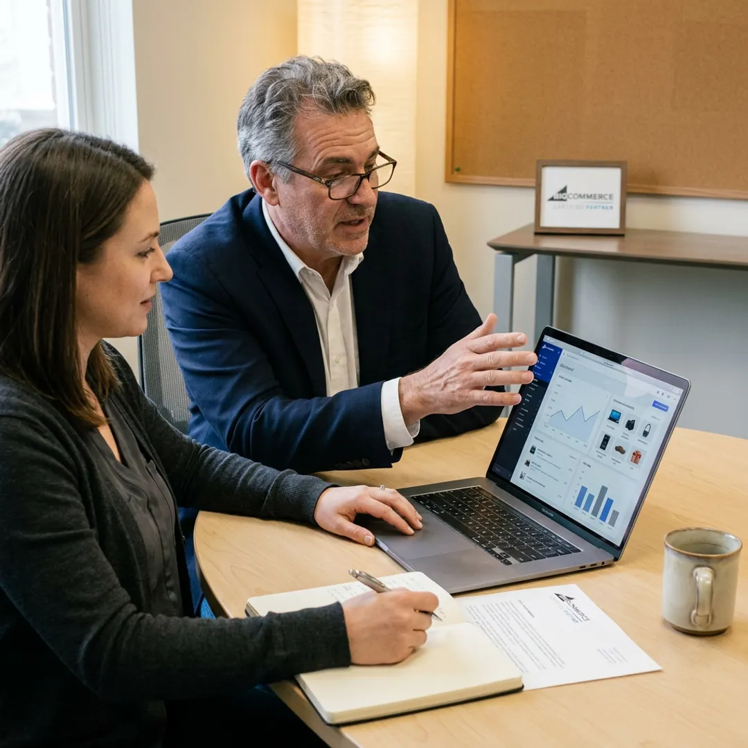 Digital marketing mentor reviewing analytics with an online business owner