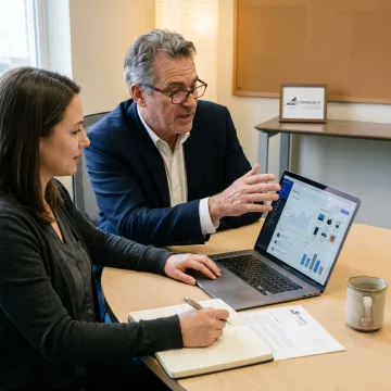 Digital marketing mentor reviewing analytics with an online business owner