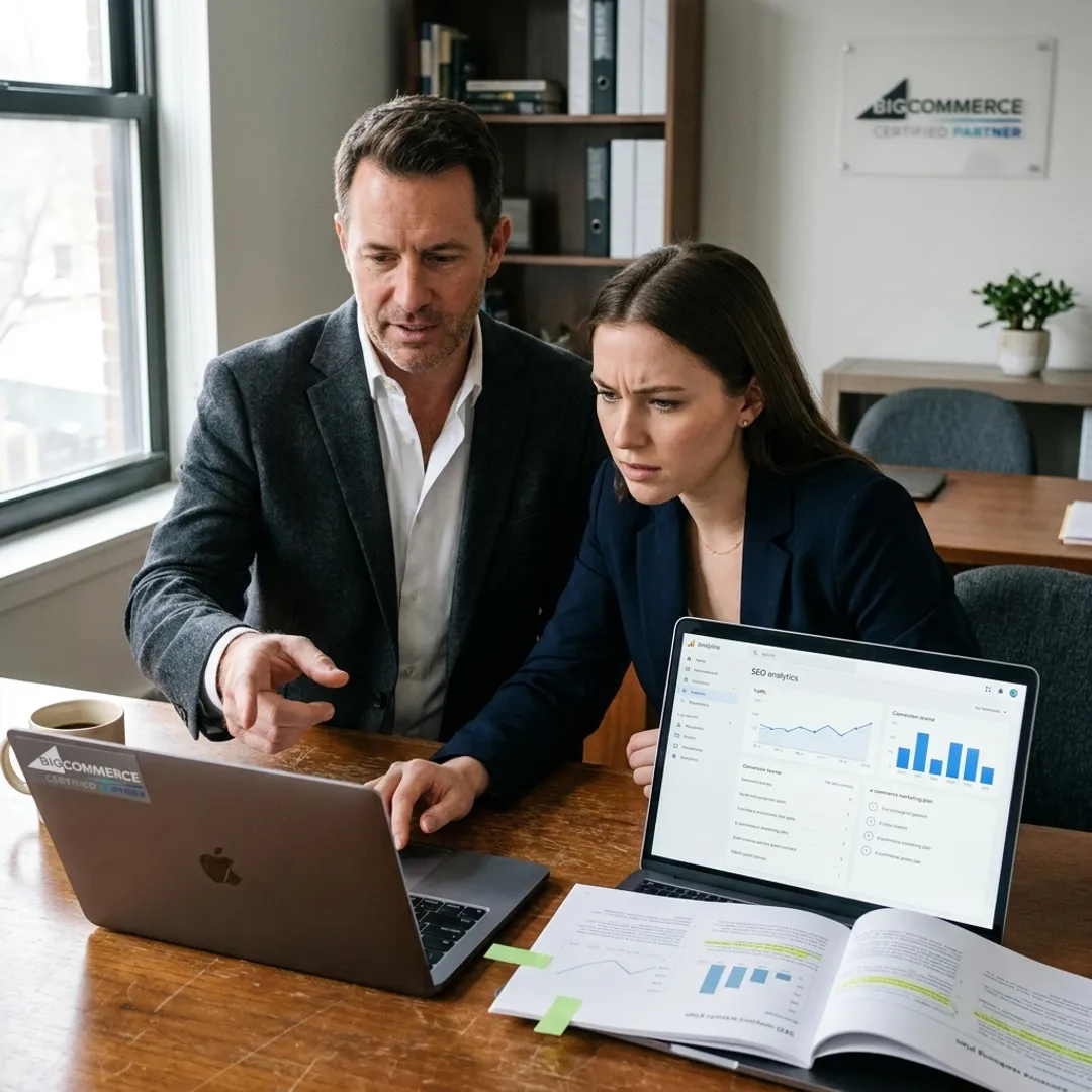 E-commerce consultant coaching a business owner on SEO analytics