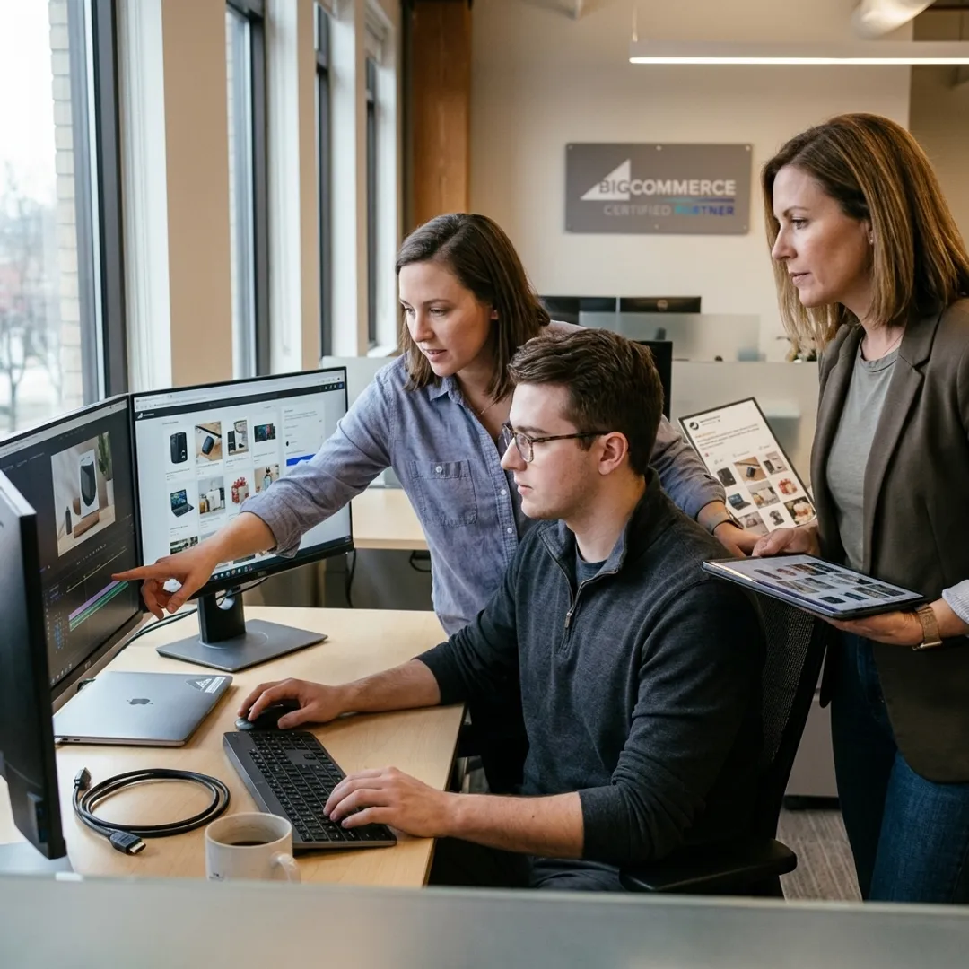 Marketing team editing promotional video for online store