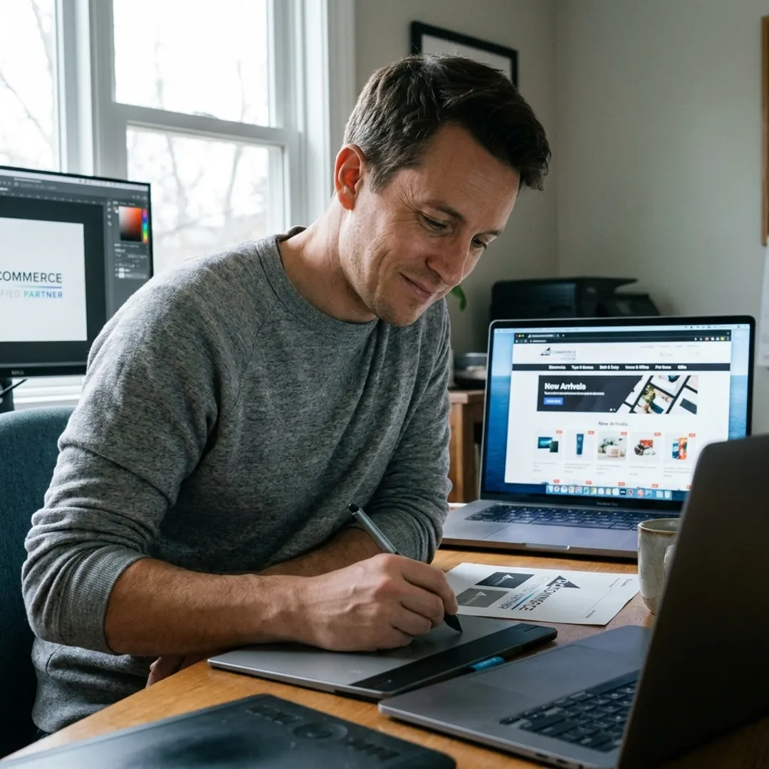 Designer creating e-commerce logo for online store