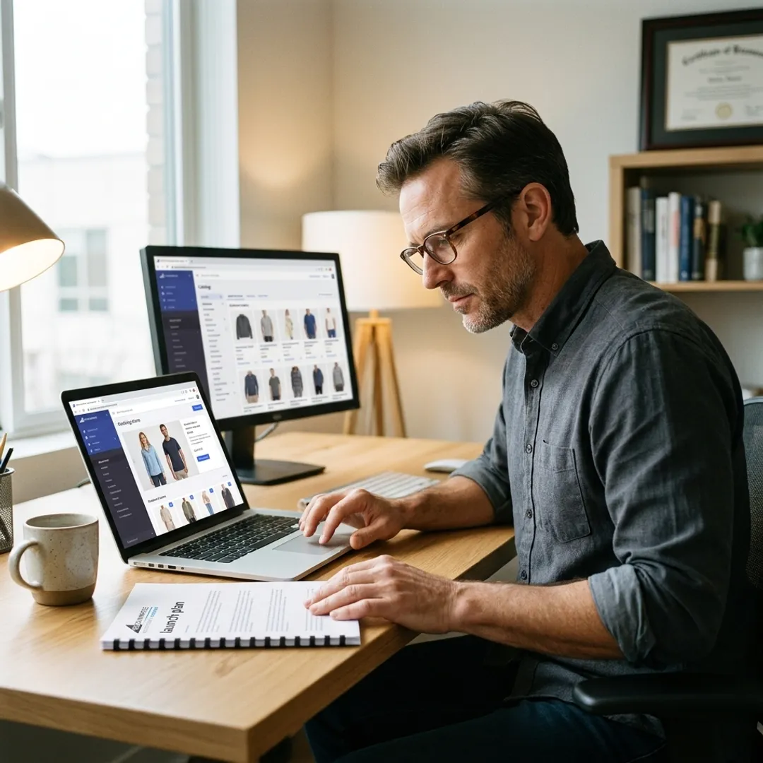 Consultant reviewing e-commerce store launch process