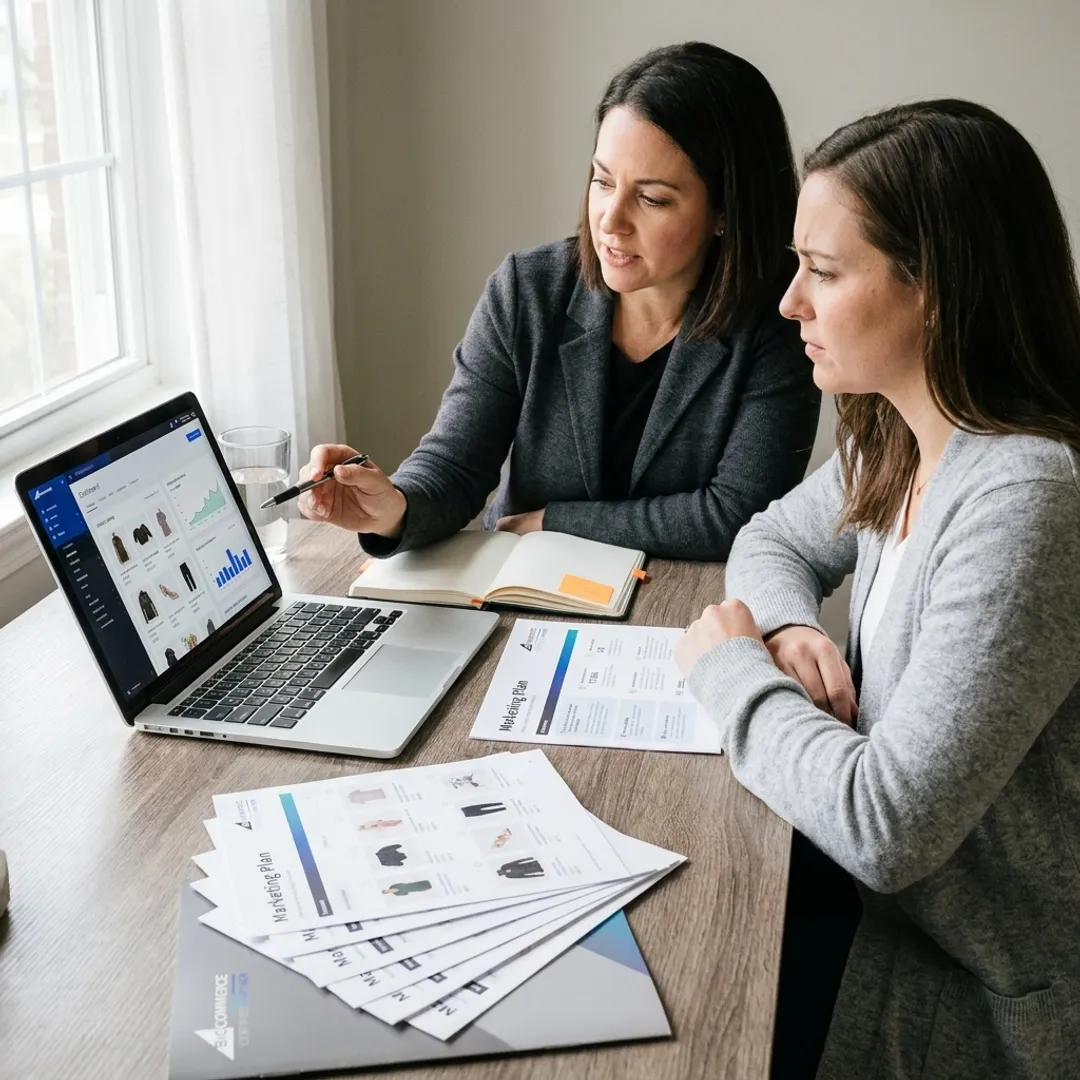 E-commerce coach reviewing online store strategy with entrepreneur