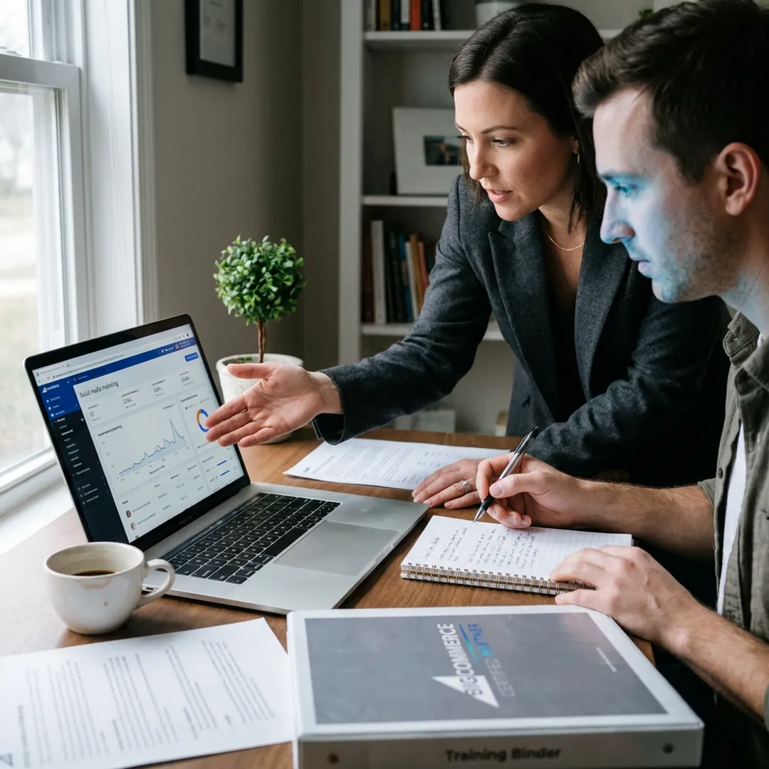 Entrepreneur receiving social media coaching on a laptop