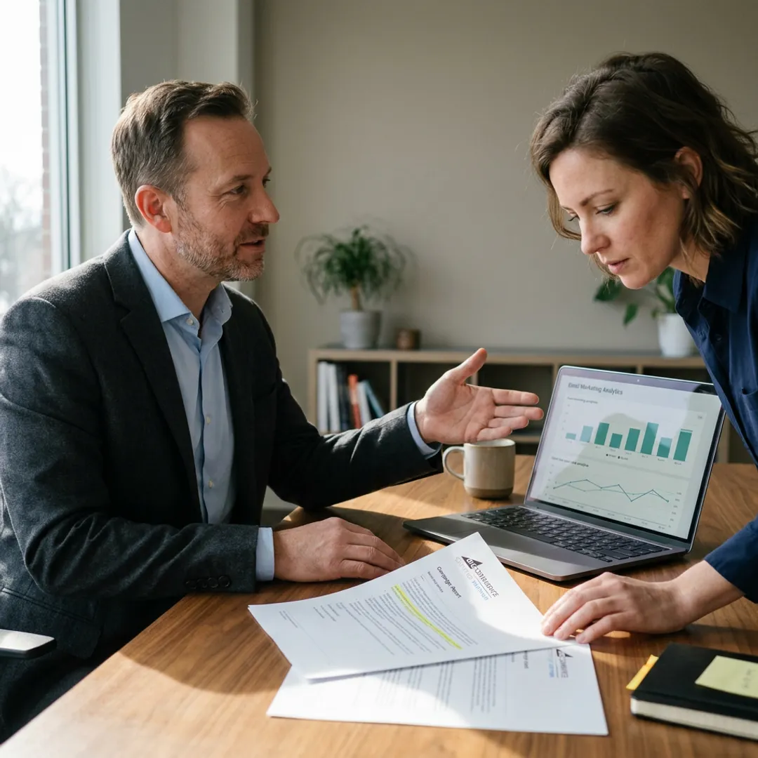 Consultant reviewing marketing performance with an online store owner