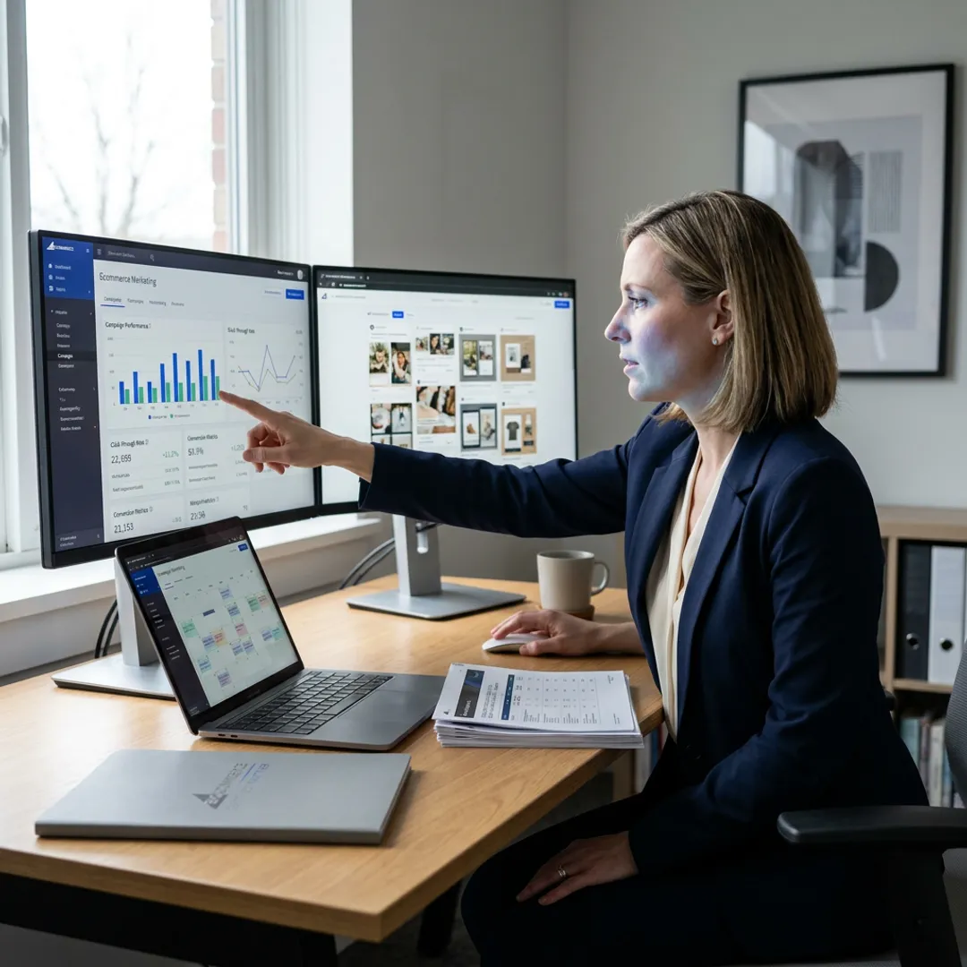 Marketing consultant reviewing e-commerce campaign analytics