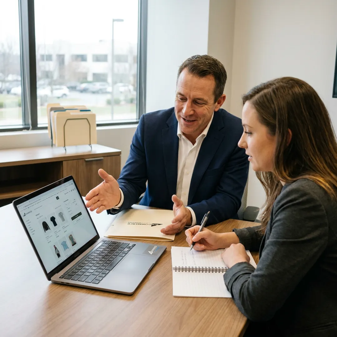 Consultant guiding entrepreneur through e-commerce website launch steps