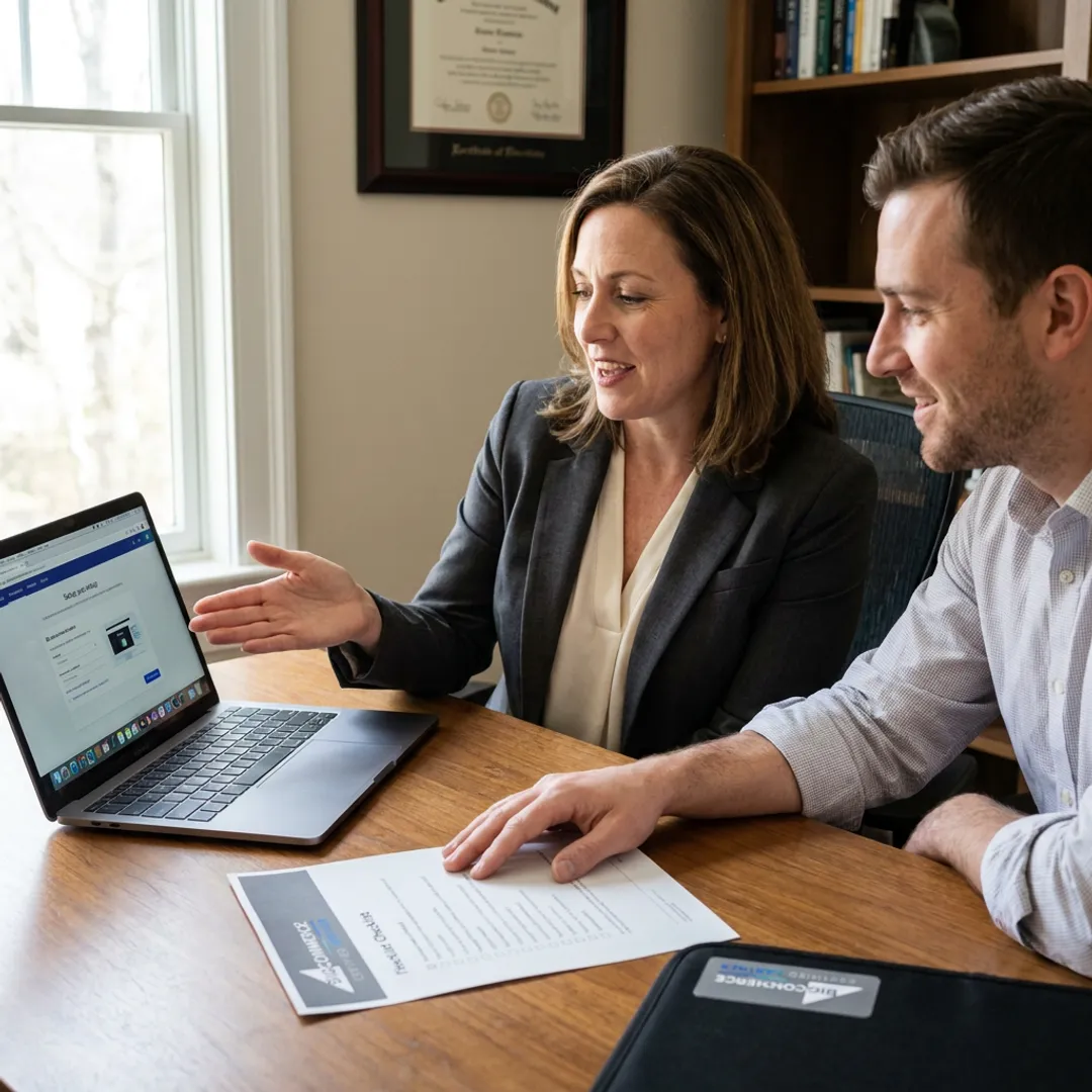 Consultant guiding entrepreneur through e-commerce website launch process