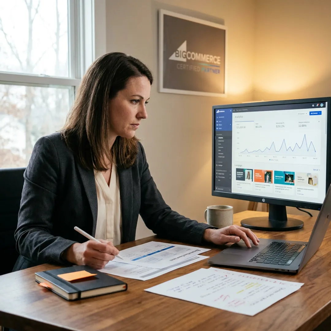Digital marketing consultant reviewing e-commerce campaign analytics
