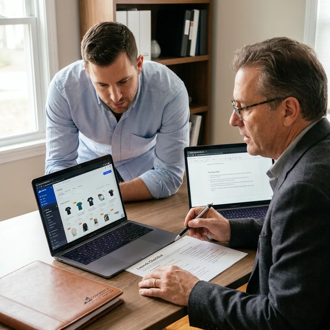 Entrepreneur reviewing an e-commerce launch plan with a consultant