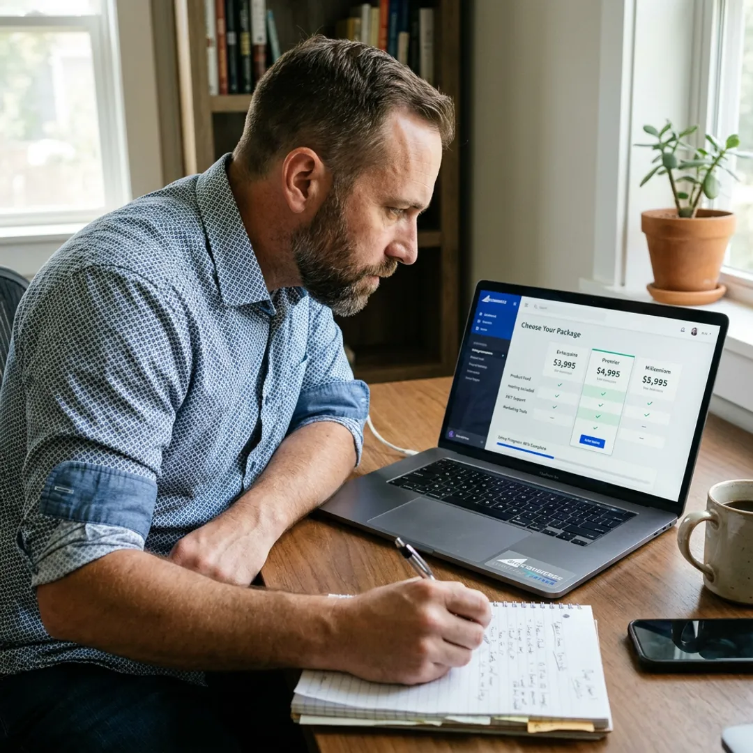 Entrepreneur reviewing MBV e-commerce package features