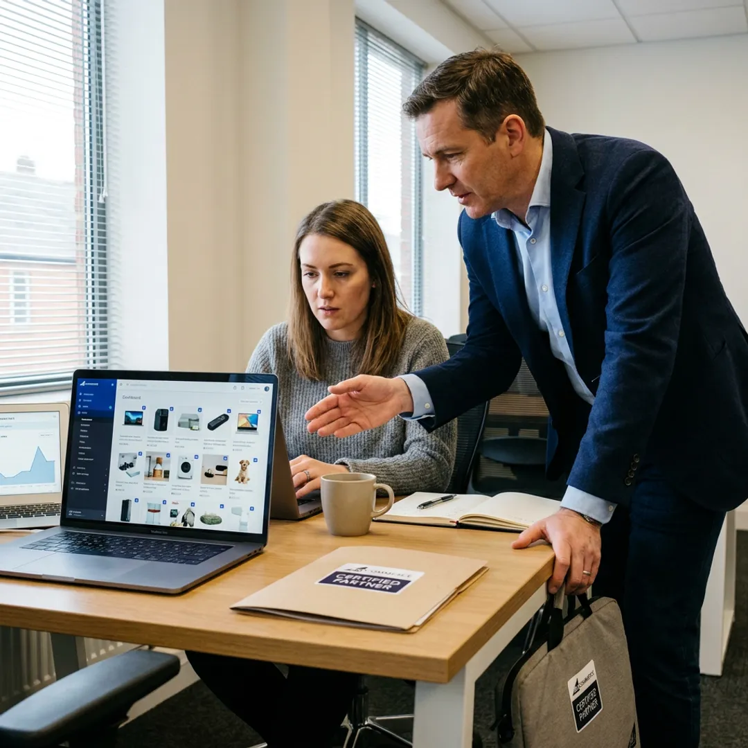 Consultant helping entrepreneur set up an e-commerce website