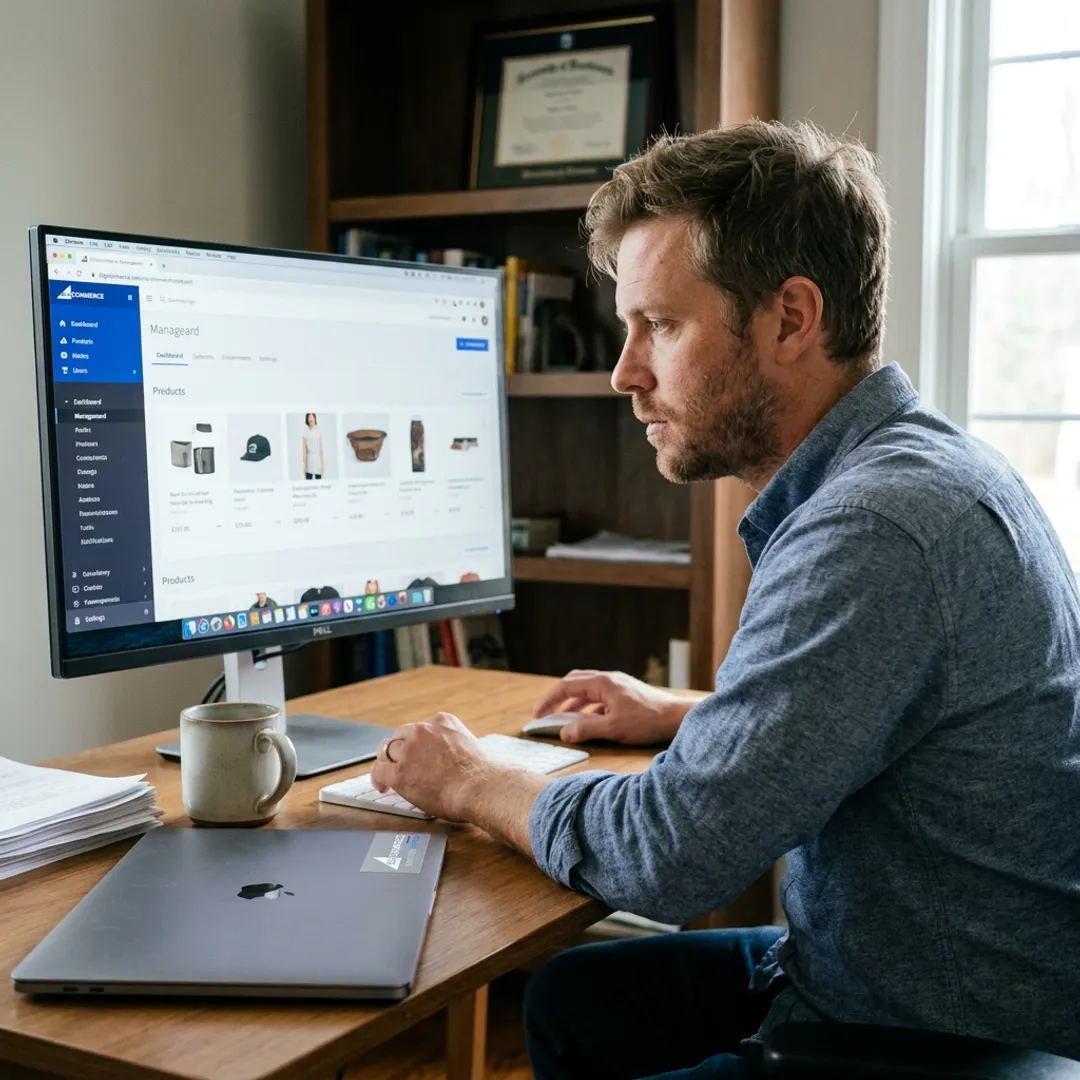 Entrepreneur managing a pre-loaded dropshipping store dashboard