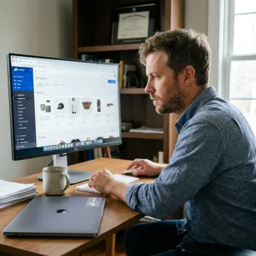Entrepreneur managing a pre-loaded dropshipping store dashboard