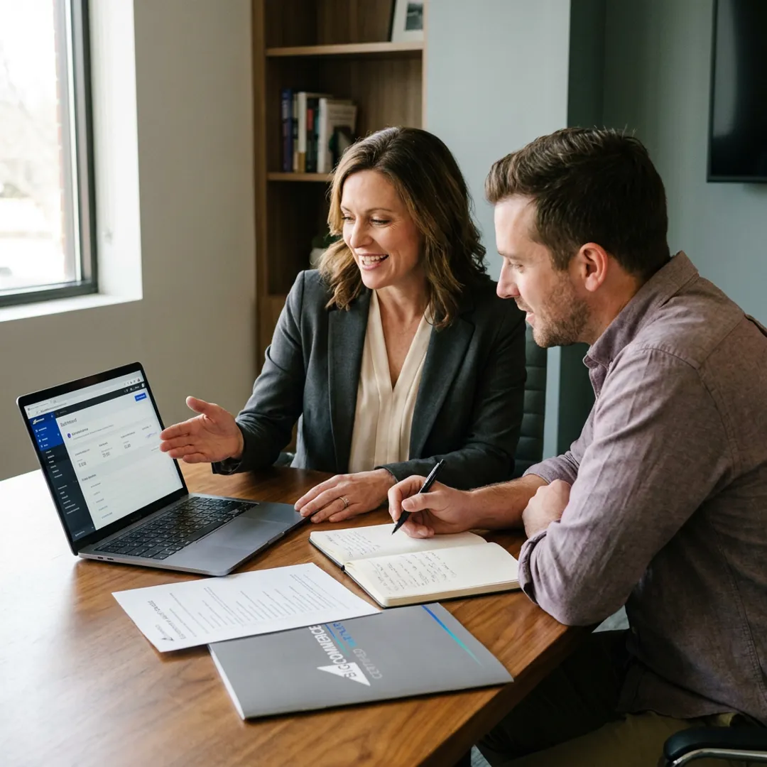 Consultant guiding an entrepreneur through an e-commerce launch plan