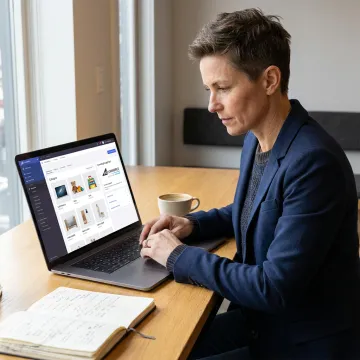 Entrepreneur reviewing e-commerce website design on laptop