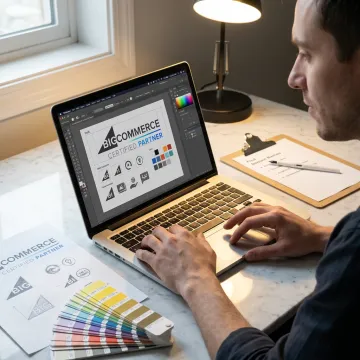 Professional logo design workspace for an e-commerce brand