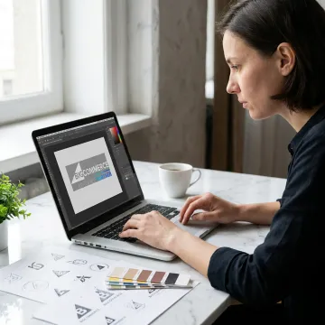 Designer creating a custom e-commerce logo on a laptop