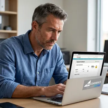 Business owner reviewing secure credit card processing dashboard