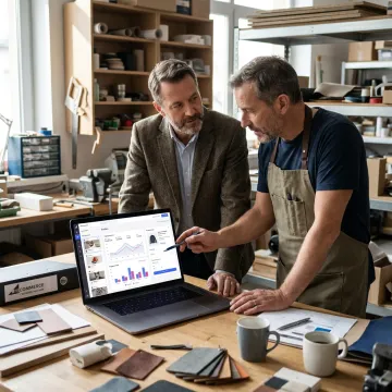 Consultant planning social media strategy with e-commerce owner