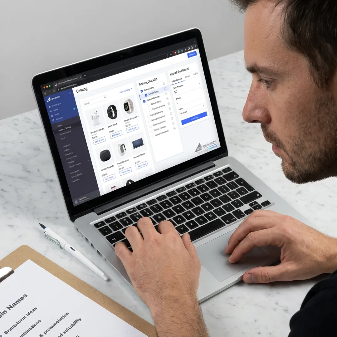Entrepreneur reviewing e-commerce website launch steps