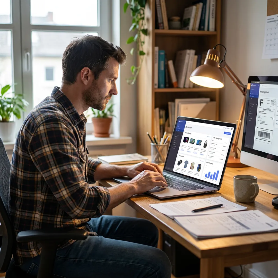 Home-based entrepreneur managing a dropshipping website