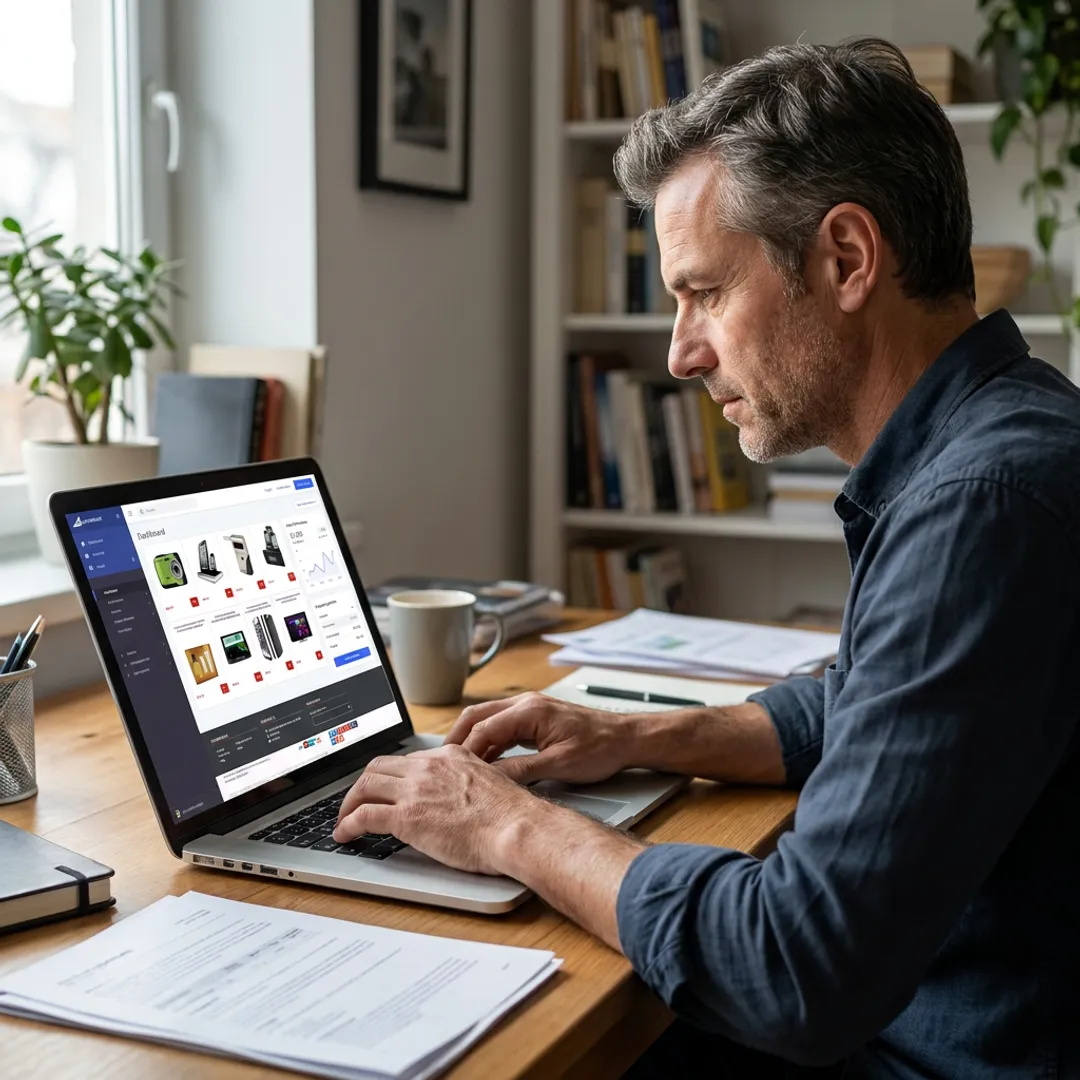 Entrepreneur managing an online store from a laptop
