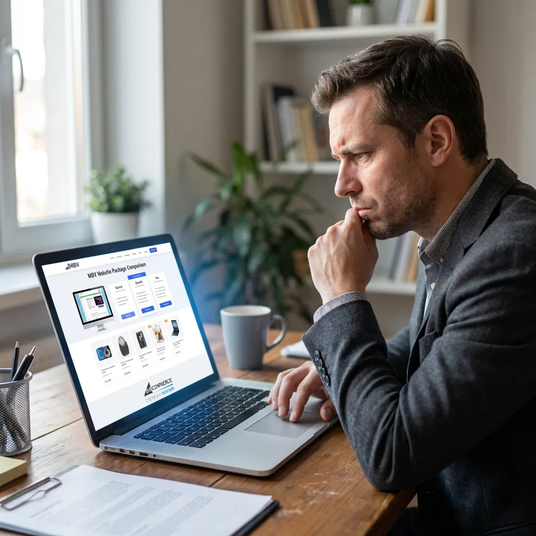 Entrepreneur comparing MBV website packages on laptop