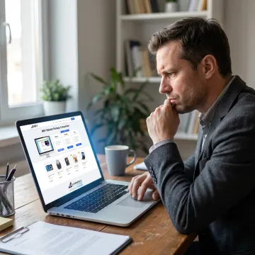 Entrepreneur comparing MBV website packages on laptop