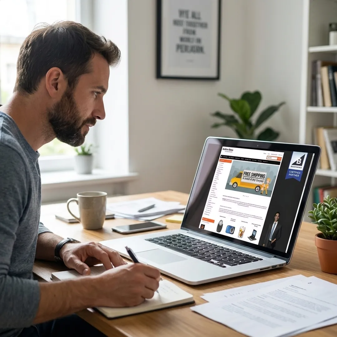 Entrepreneur setting up an online store from home