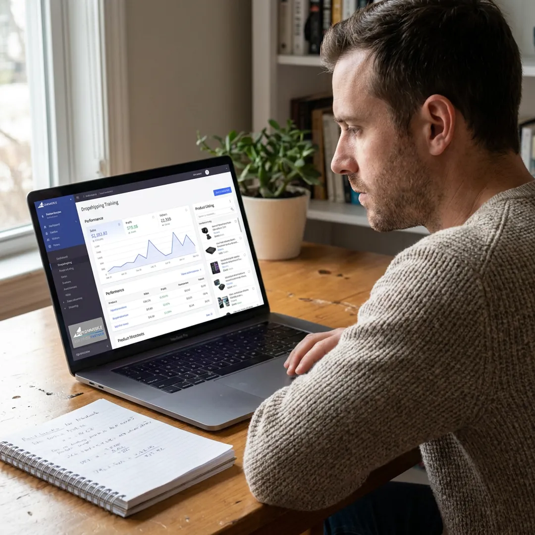 Entrepreneur learning dropshipping on a laptop