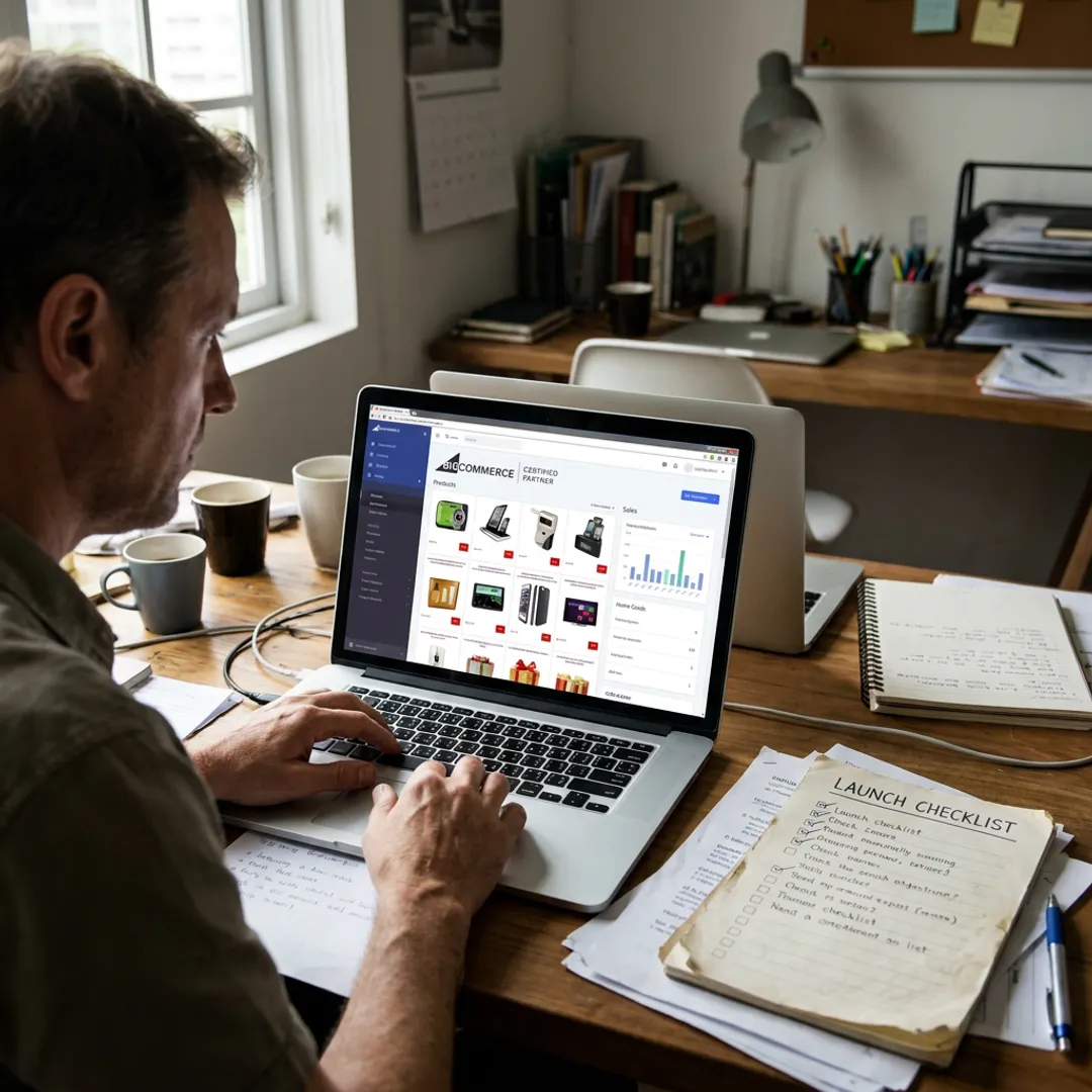 Entrepreneur launching an e-commerce business on a laptop