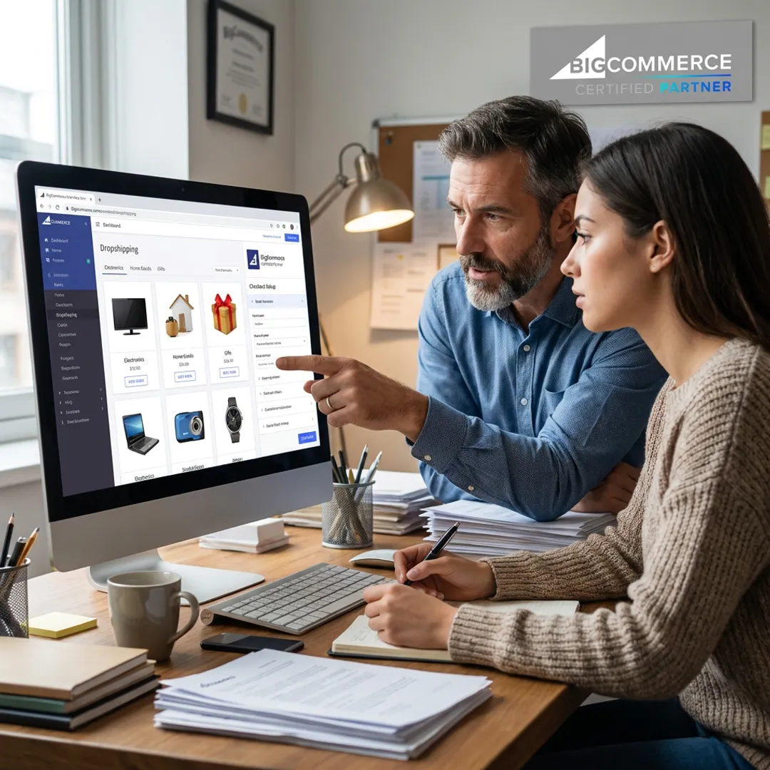 Consultant guiding an entrepreneur through an e-commerce store launch process