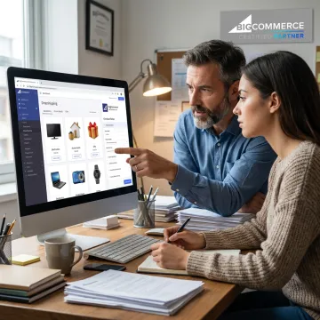 Consultant guiding an entrepreneur through an e-commerce store launch process