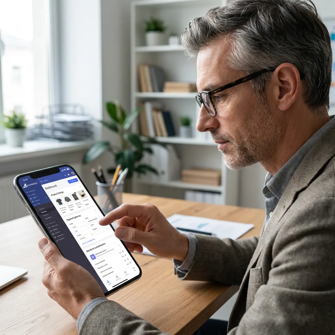 Consultant setting up a mobile e-commerce website