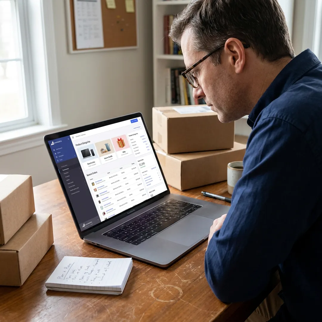 Entrepreneur reviewing online store setup steps from home