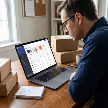 Entrepreneur reviewing online store setup steps from home