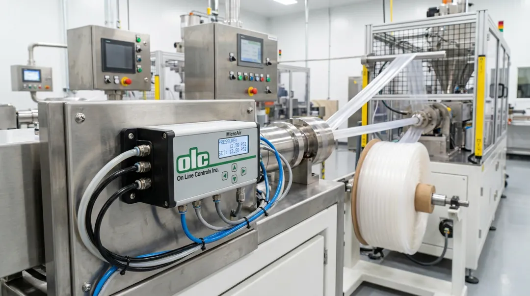 MicroAir IV automated pressure regulator installed on catheter tubing extrusion line