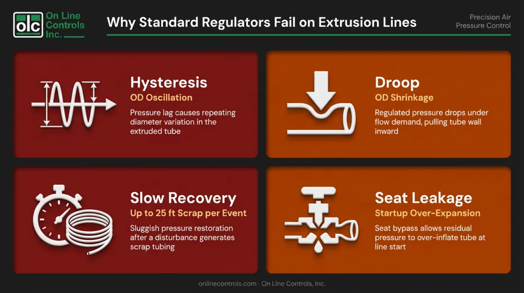 Four standard regulator failure modes on plastic tubing extrusion lines infographic