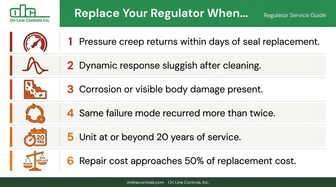 Regulator replacement decision criteria checklist with six out-of-spec failure indicators
