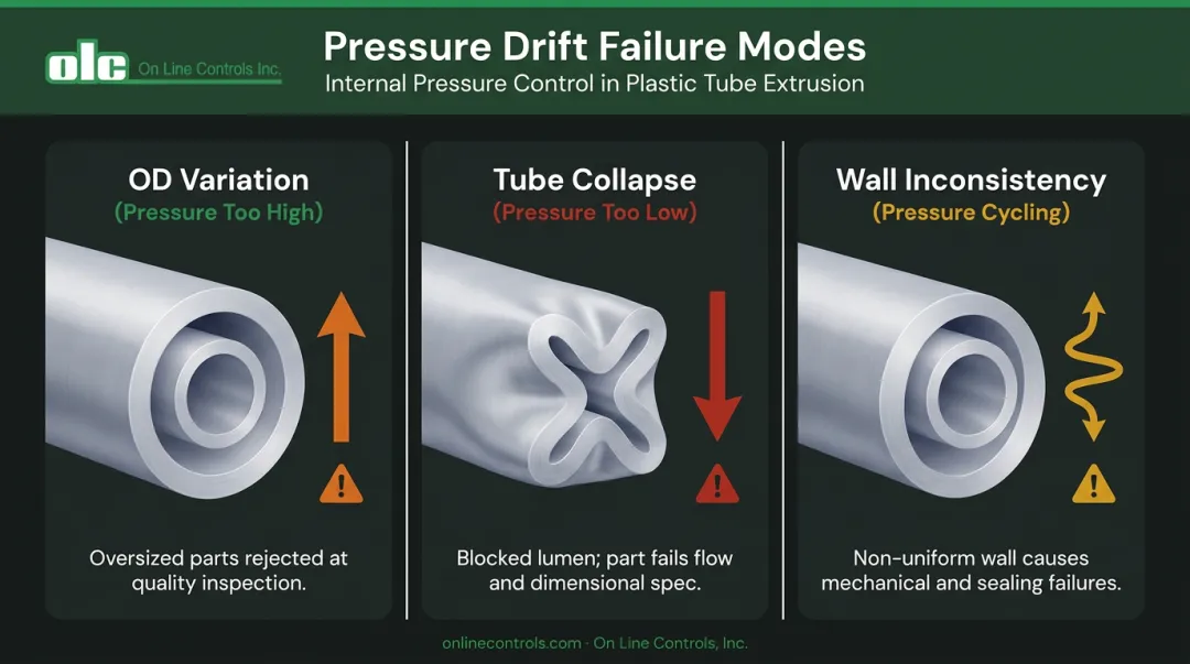 Three pressure drift failure modes in thin-wall tubing extrusion OD collapse wall variation