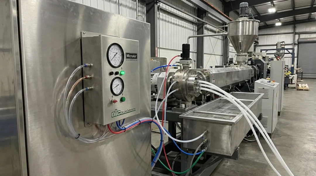 MicroAir extrusion pressure regulator unit installed on extrusion line equipment