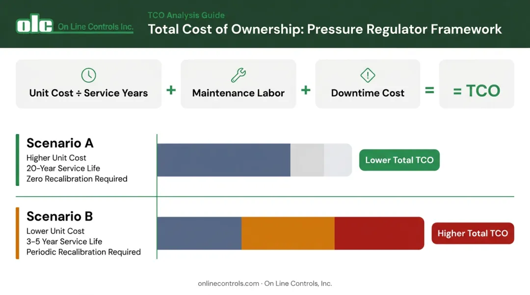 Total cost of ownership calculation framework for extrusion pressure regulator lifespan comparison