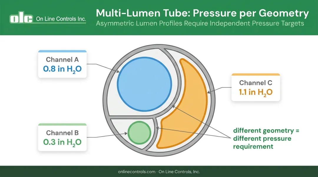 Asymmetric multi-lumen tube cross-section showing different pressure requirements per channel